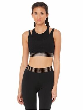 ALO Yoga Gaze Layered Black Double-Strap Crop Sports Bra with Sheer Band — Small